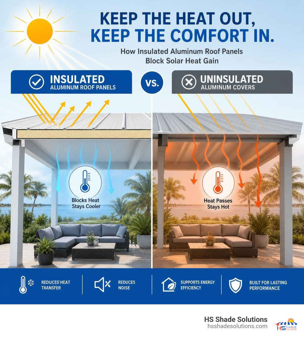 Infographic showing how insulated aluminum roof panels block solar heat gain compared to uninsulated covers infographic Infographic showing how insulated aluminum roof panels block solar heat gain compared to uninsulated covers infographic