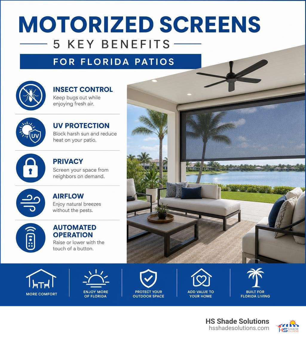 Infographic showing motorized screen benefits: insect control, UV protection, privacy, airflow, and automated operation for Infographic showing motorized screen benefits: insect control, UV protection, privacy, airflow, and automated operation for