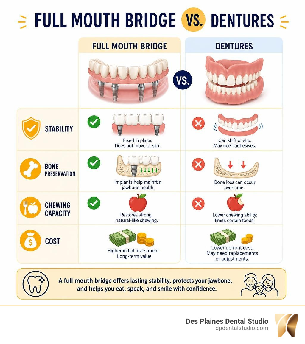 Full mouth bridge vs dentures comparison infographic showing stability, bone preservation, chewing capacity, and cost Full mouth bridge vs dentures comparison infographic showing stability, bone preservation, chewing capacity, and cost