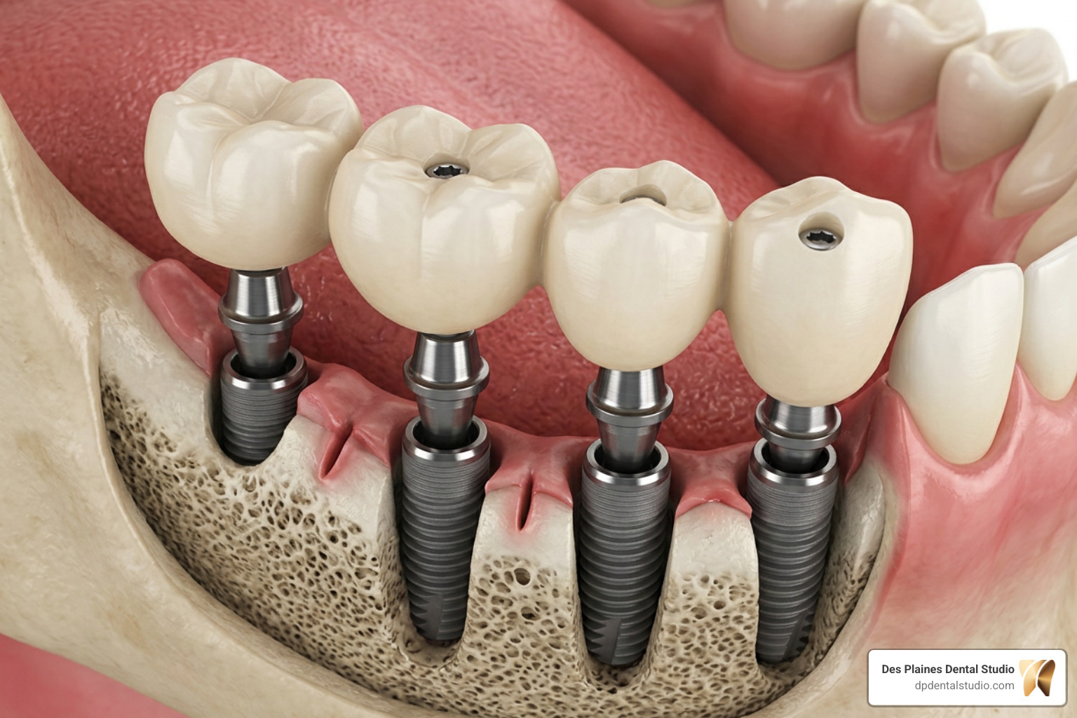 Anatomy of a full lower dental implant system showing titanium posts and prosthesis Anatomy of a full lower dental implant system showing titanium posts and prosthesis