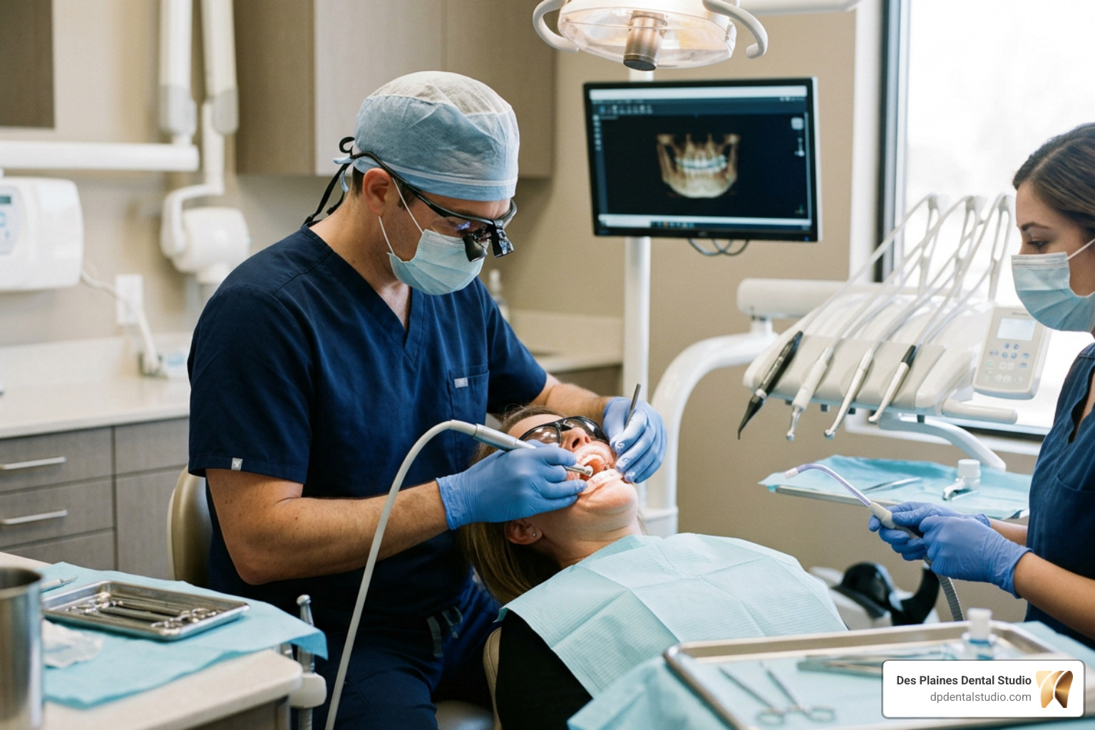 Dentist performing guided implant surgery with a customized surgical guide Dentist performing guided implant surgery with a customized surgical guide