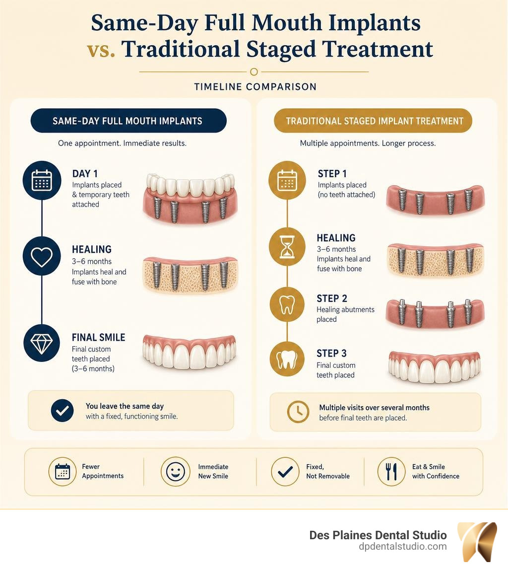 Timeline infographic comparing same-day full mouth dental implants vs traditional staged implant treatment infographic Timeline infographic comparing same-day full mouth dental implants vs traditional staged implant treatment infographic