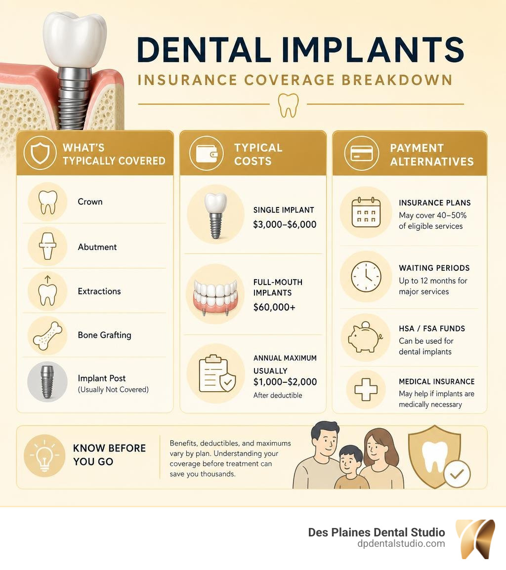 Infographic showing dental implants insurance coverage breakdown including what is covered, typical costs, and payment Infographic showing dental implants insurance coverage breakdown including what is covered, typical costs, and payment