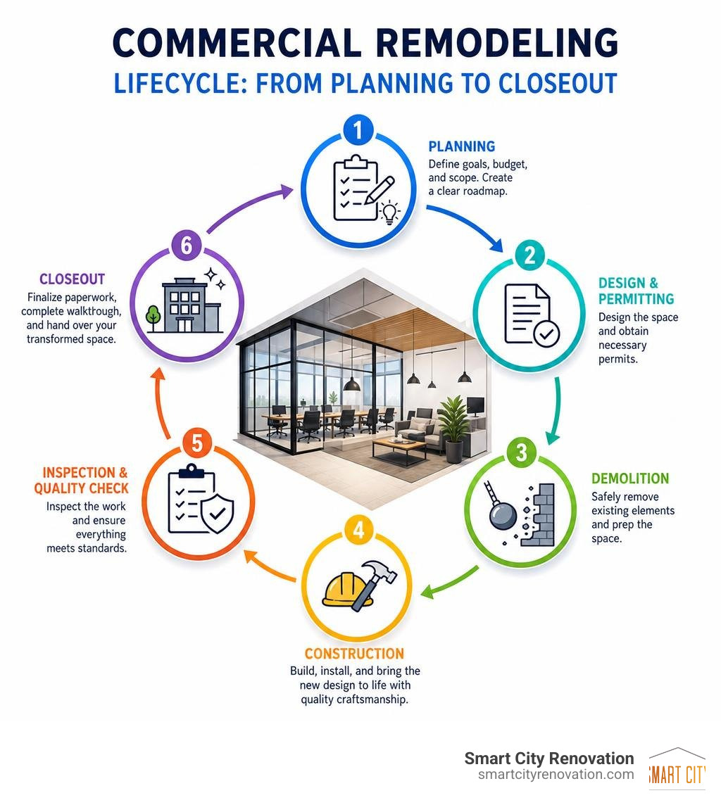 Commercial remodeling lifecycle infographic from planning to closeout infographic Commercial remodeling lifecycle infographic from planning to closeout infographic