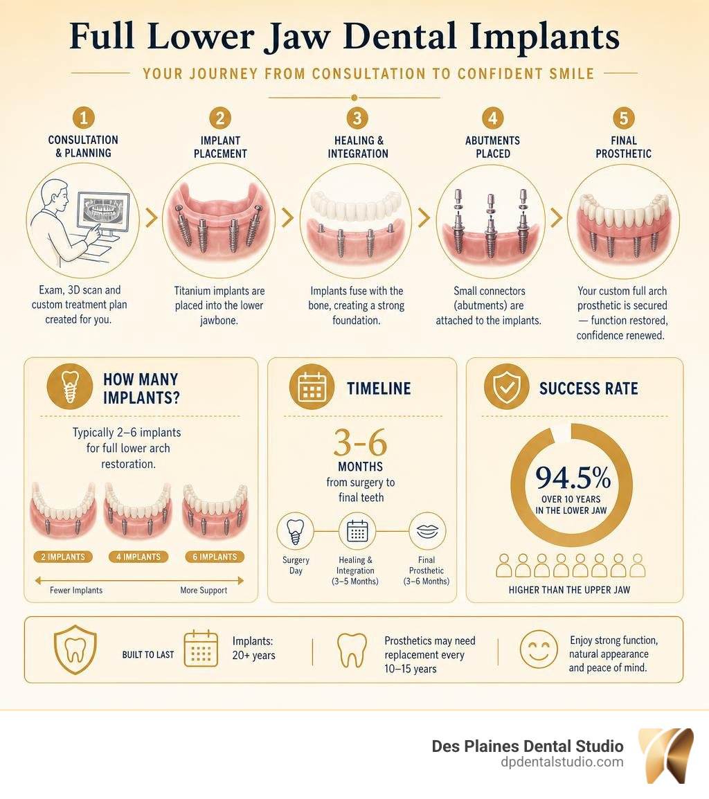 Infographic: lower jaw implant process from consultation to final prosthetic, implant count, timeline, and success rate