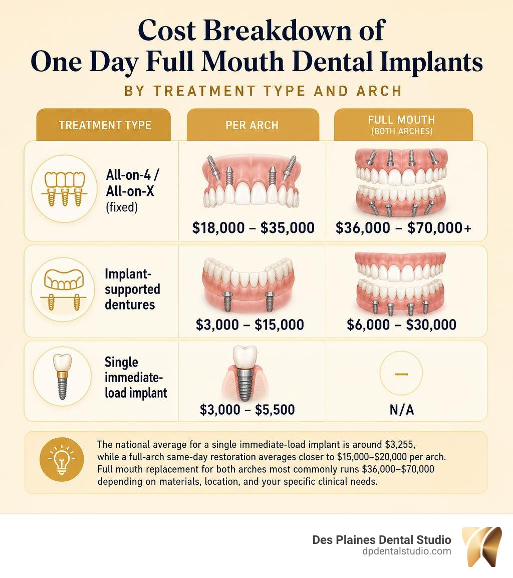 infographic showing cost breakdown of one day full mouth dental implants by treatment type and arch infographic