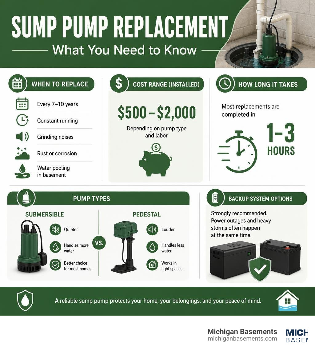 Infographic showing when to replace a sump pump, cost ranges, pump types, and backup system options infographic