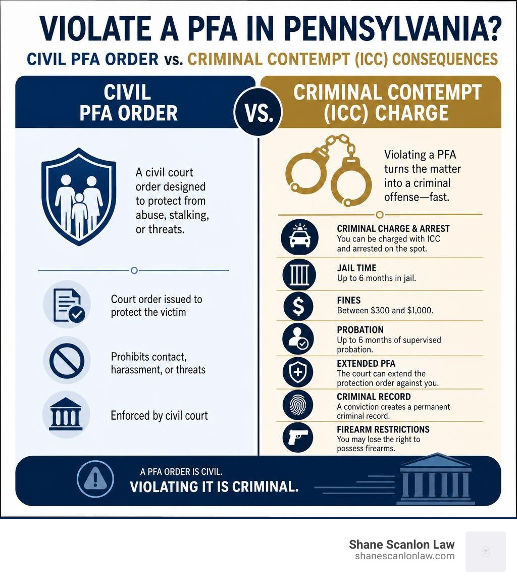 Infographic showing civil PFA order vs. criminal contempt ICC charge consequences in Pennsylvania infographic Infographic showing civil PFA order vs. criminal contempt ICC charge consequences in Pennsylvania infographic