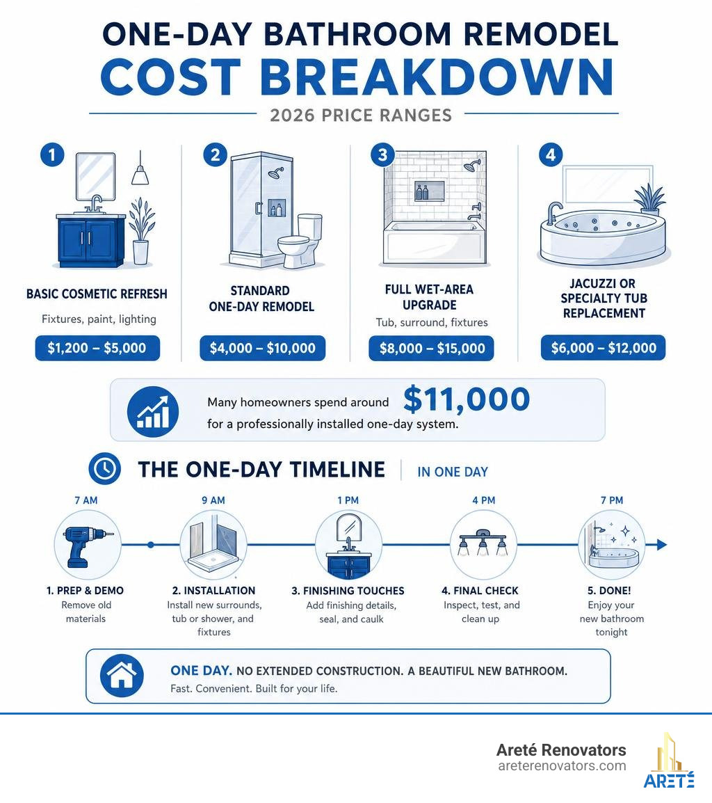 one-day bathroom remodel cost breakdown infographic with timeline and price ranges infographic