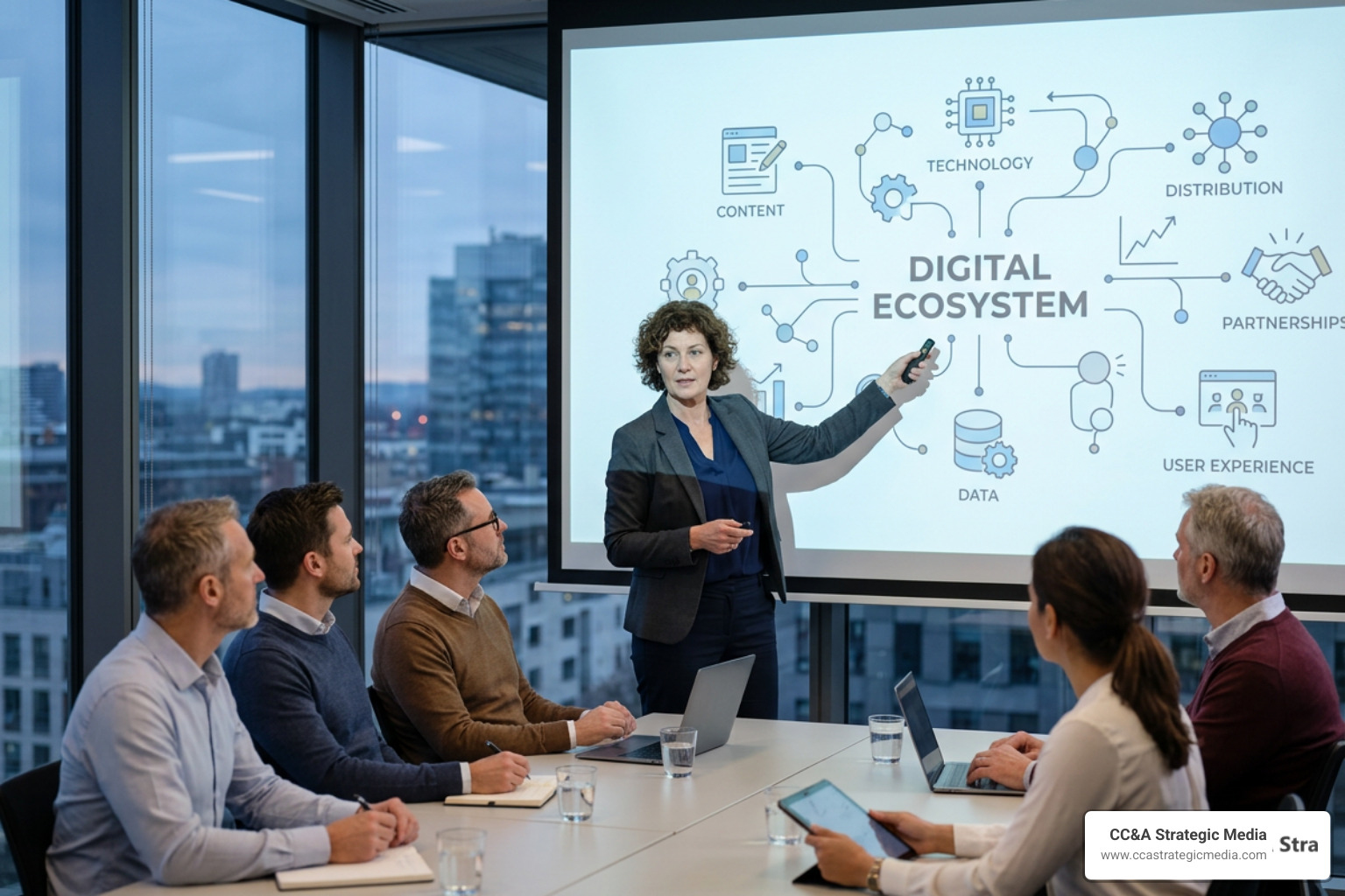 professional woman lawyer presenting a digital ecosystem diagram to her team professional woman lawyer presenting a digital ecosystem diagram to her team