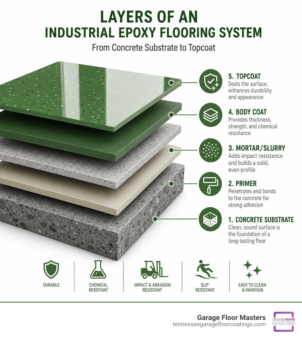 Layers of an industrial epoxy flooring system from concrete substrate to topcoat with labels infographic Layers of an industrial epoxy flooring system from concrete substrate to topcoat with labels infographic