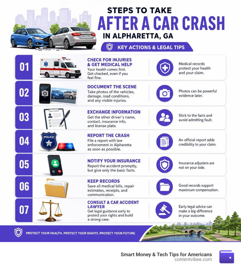 Steps to take after a car crash in Alpharetta GA with key actions and legal tips infographic