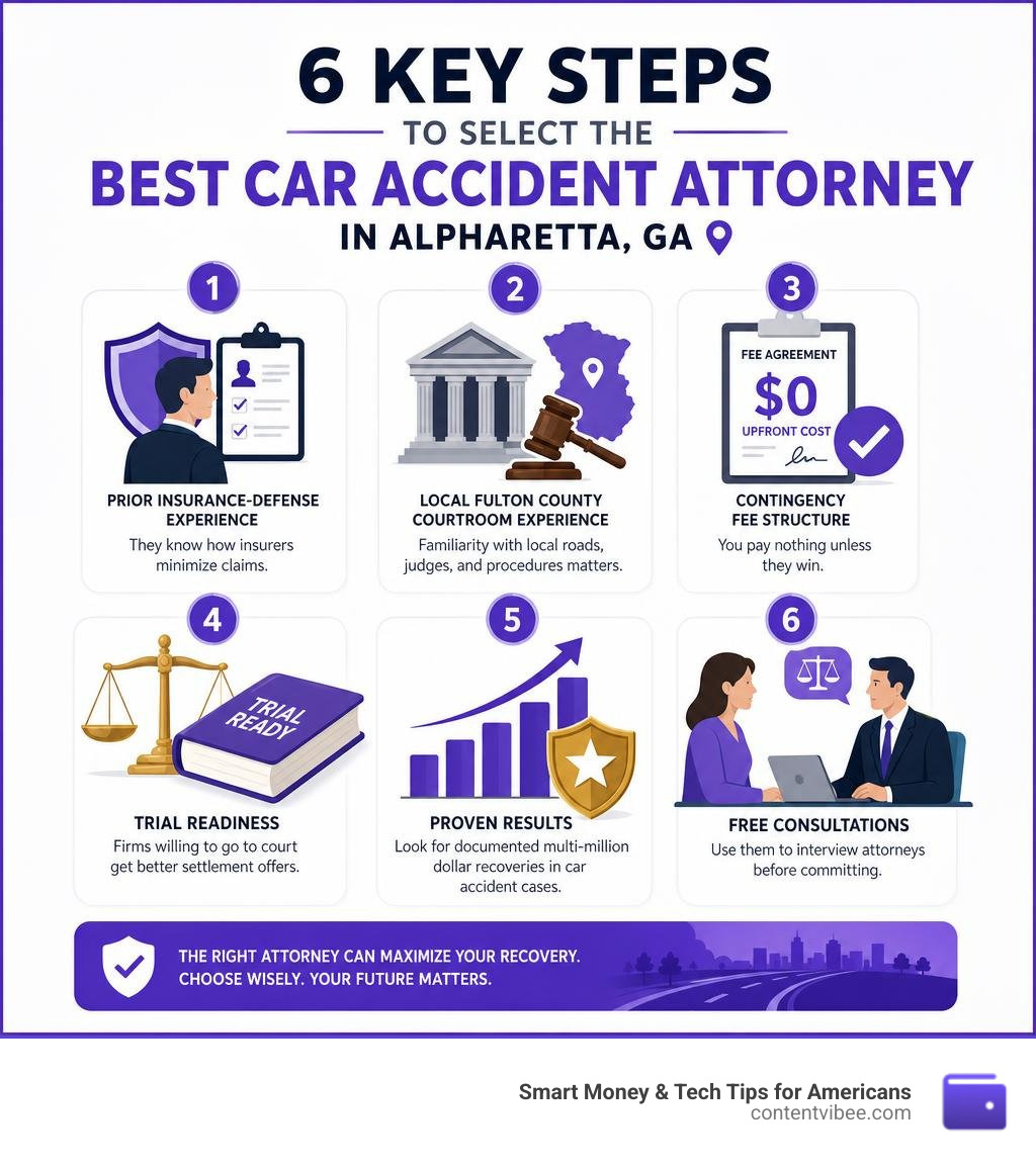 Infographic showing 6 key steps to select the best car accident attorney in Alpharetta GA infographic