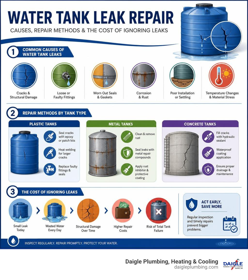 Infographic showing causes of water tank leaks, repair methods by tank type, and cost of undetected leaks infographic Infographic showing causes of water tank leaks, repair methods by tank type, and cost of undetected leaks infographic