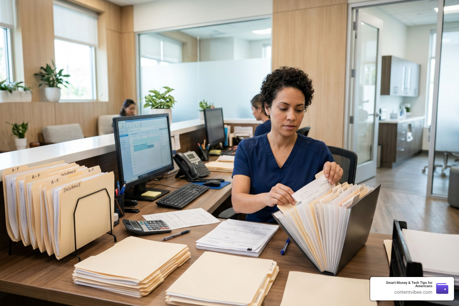 dental office administrator filing paperwork