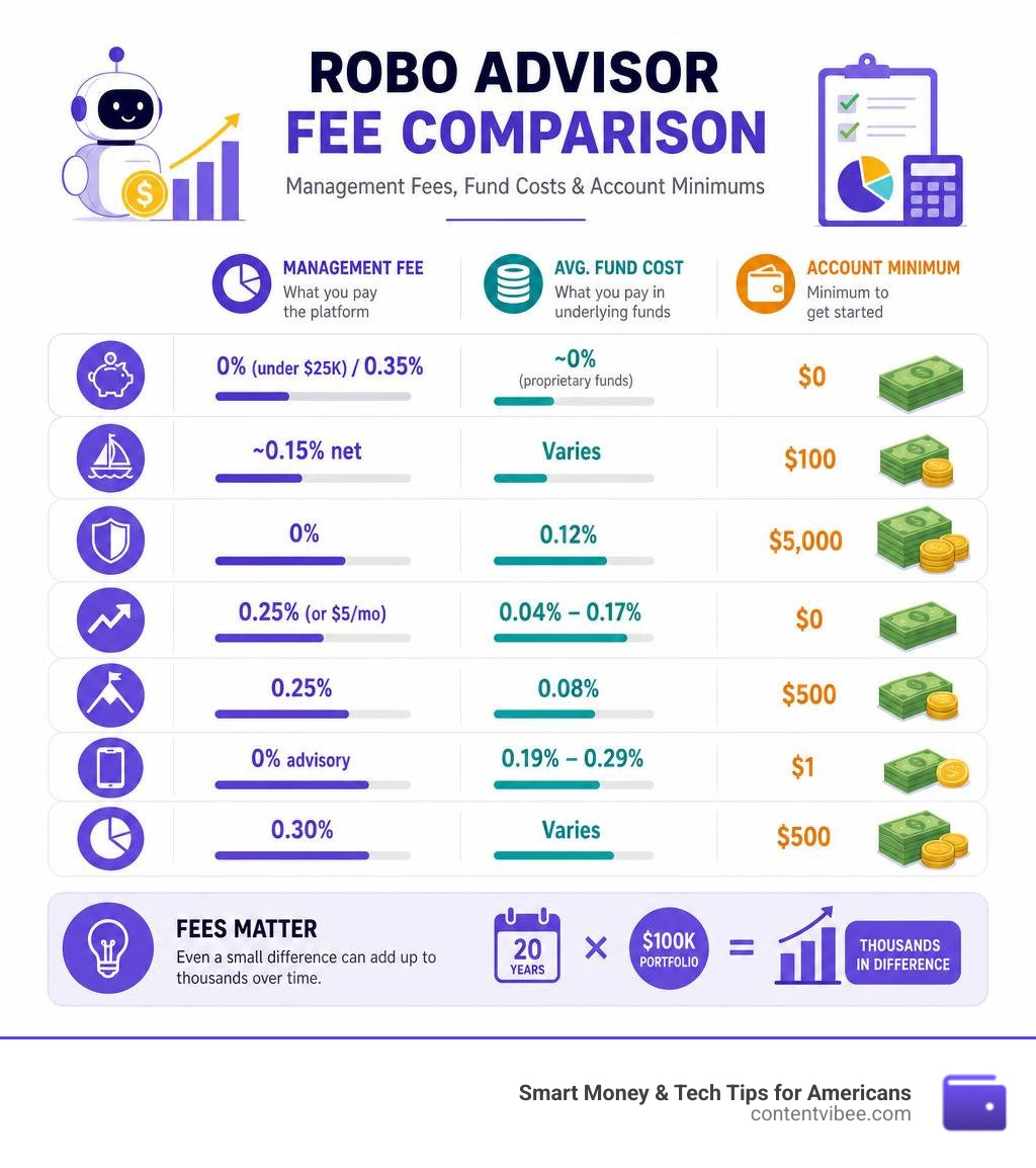 Robo advisor fee comparison infographic showing management fees, fund costs, and account minimums by platform infographic