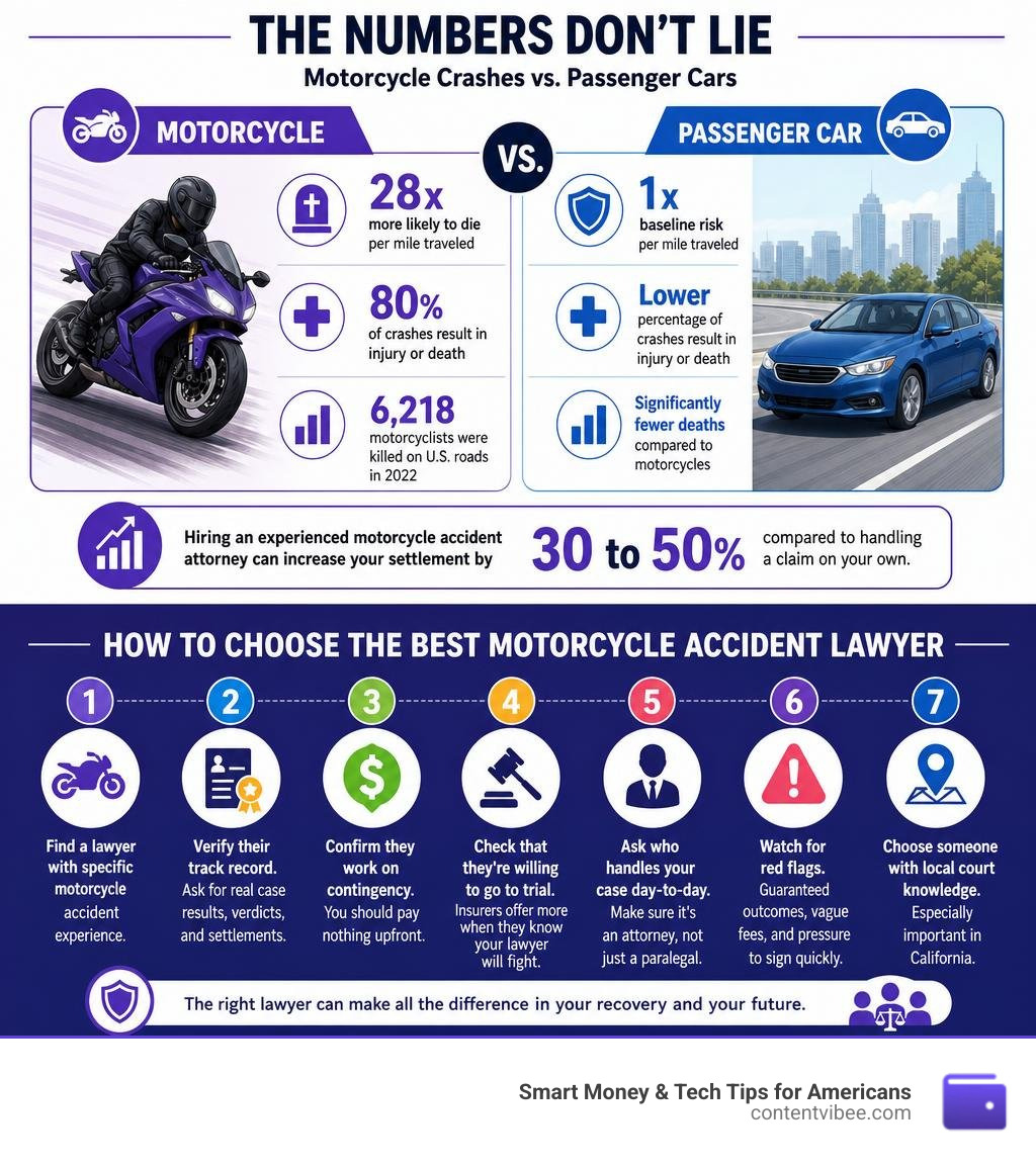 Infographic comparing motorcycle vs passenger car crash statistics and key steps to choose the best motorcycle accident Infographic comparing motorcycle vs passenger car crash statistics and key steps to choose the best motorcycle accident