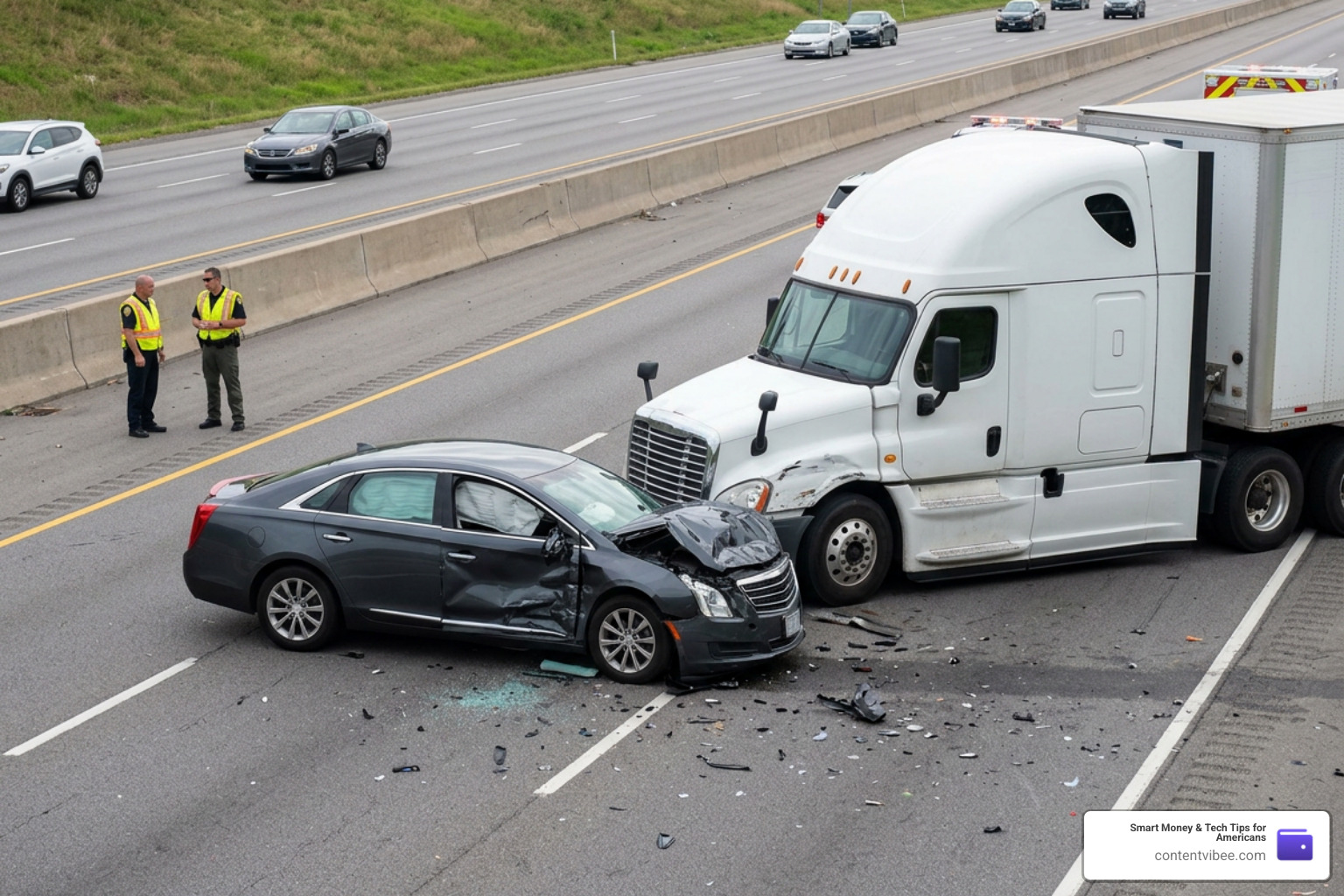damaged passenger vehicle and semi-truck crash scene