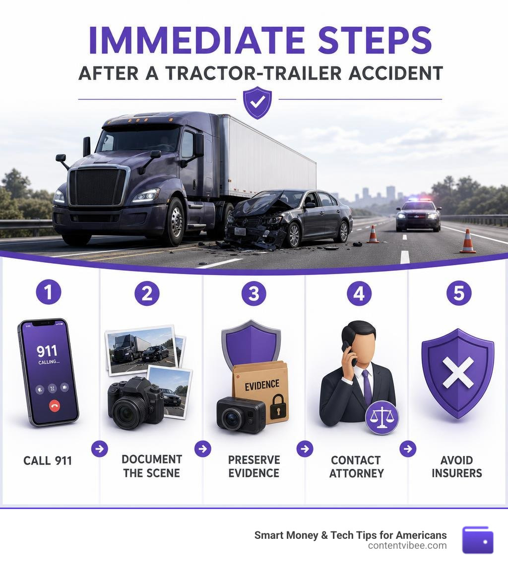Immediate steps after a tractor-trailer accident: call 911, document scene, preserve evidence, contact attorney, avoid