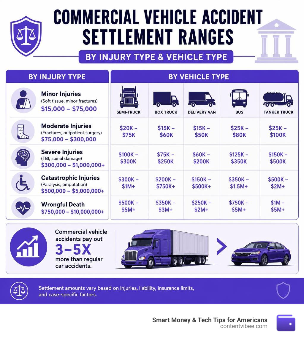 Infographic showing commercial vehicle accident settlement ranges by injury type and vehicle type infographic
