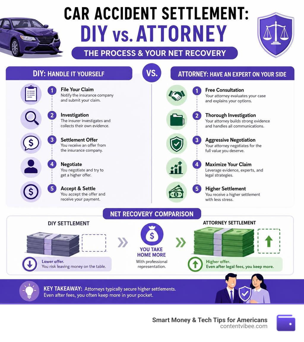 infographic showing car accident settlement process DIY vs attorney net recovery comparison infographic