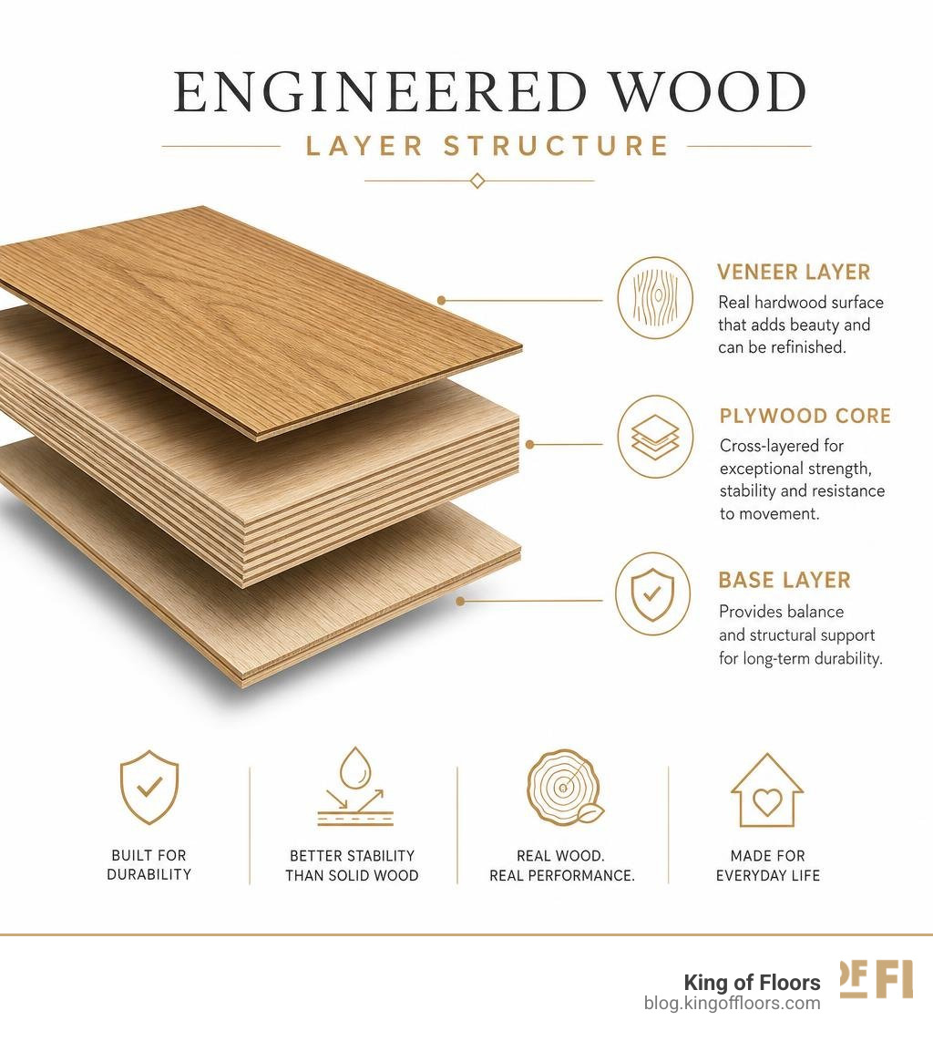 Engineered wood floor layer structure infographic showing veneer, plywood core and base infographic Engineered wood floor layer structure infographic showing veneer, plywood core and base infographic
