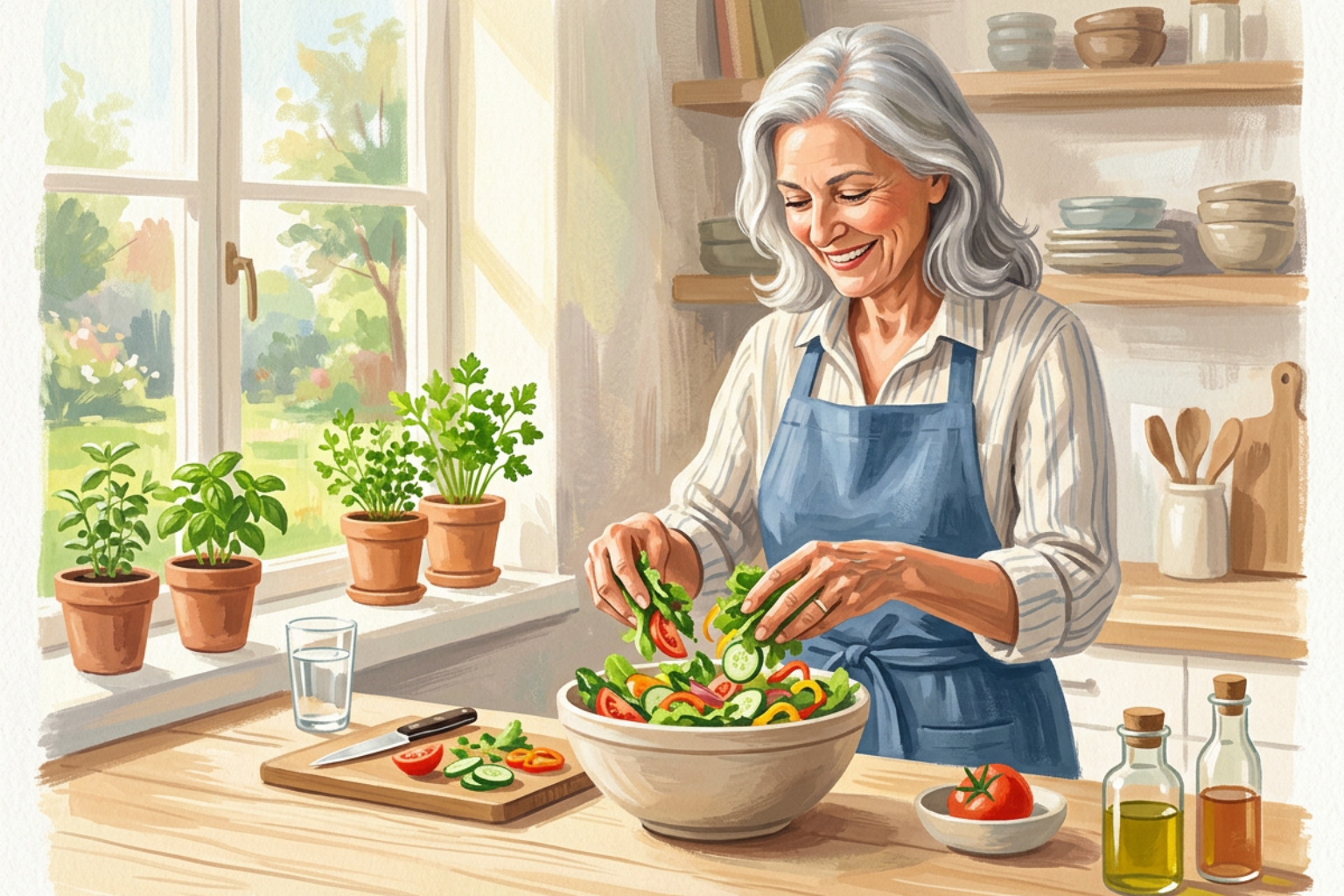 An older woman smiling and preparing a healthy salad with leafy greens in a sunlit kitchen