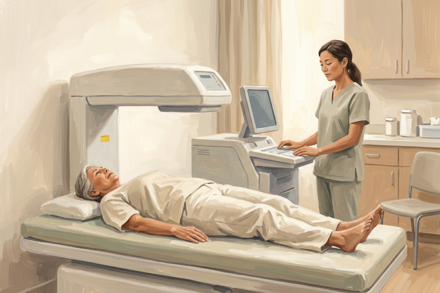 Older adult undergoing a DEXA bone density scan with a technician