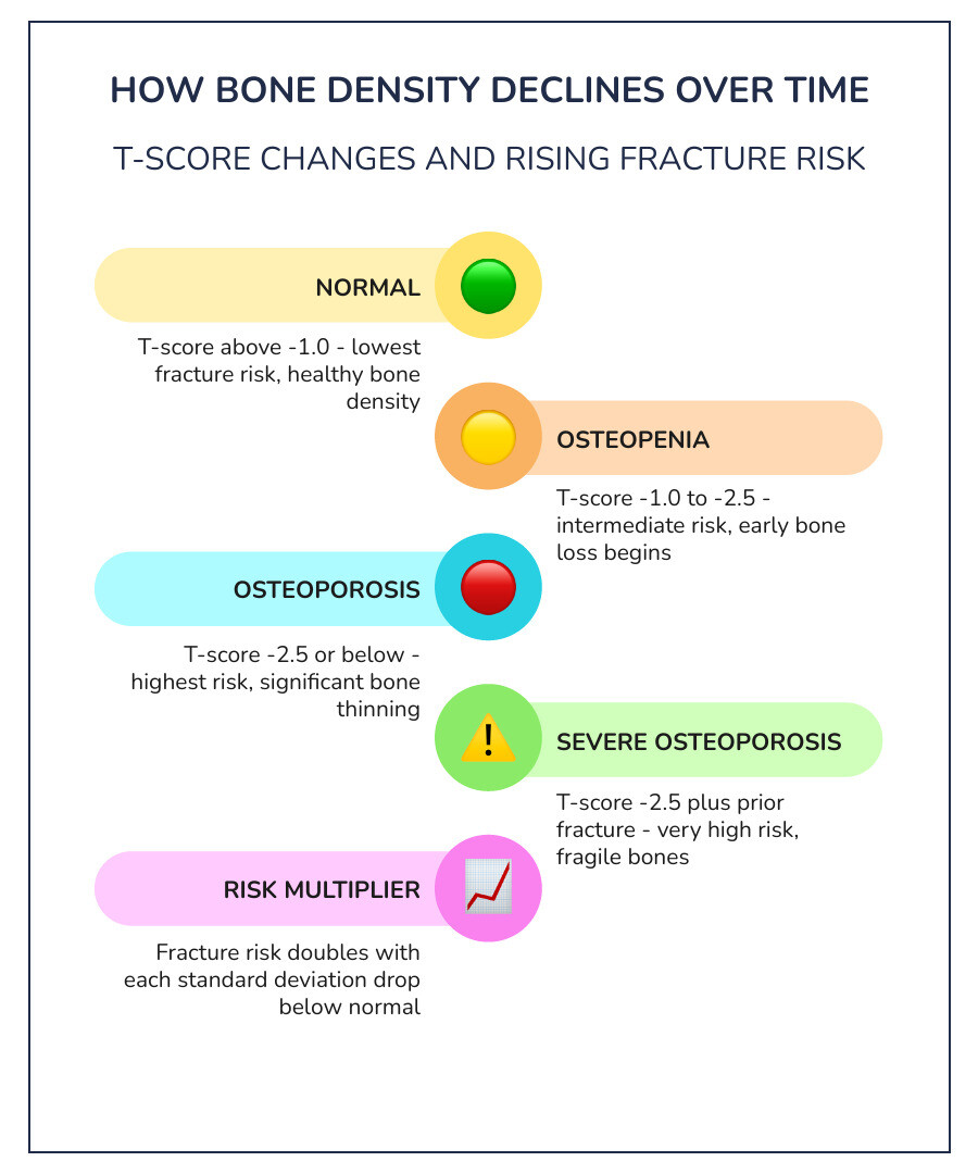 Infographic showing T-score ranges, fracture risk levels, and how bone density changes with age infographic