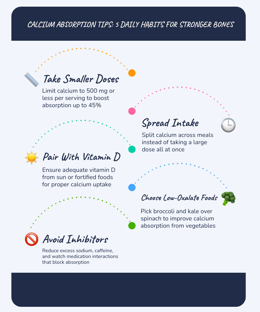 7 calcium absorption tips infographic: dose size, timing, vitamin D, supplement type, food choice, inhibitors, age factors