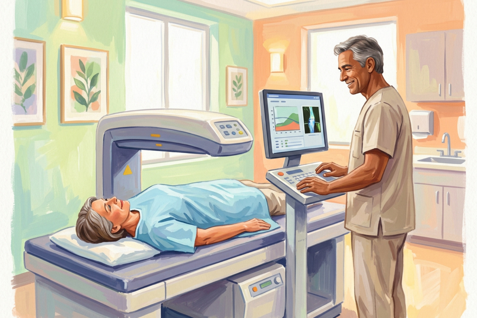 DEXA scan machine with a patient and technologist in a bright clinical setting