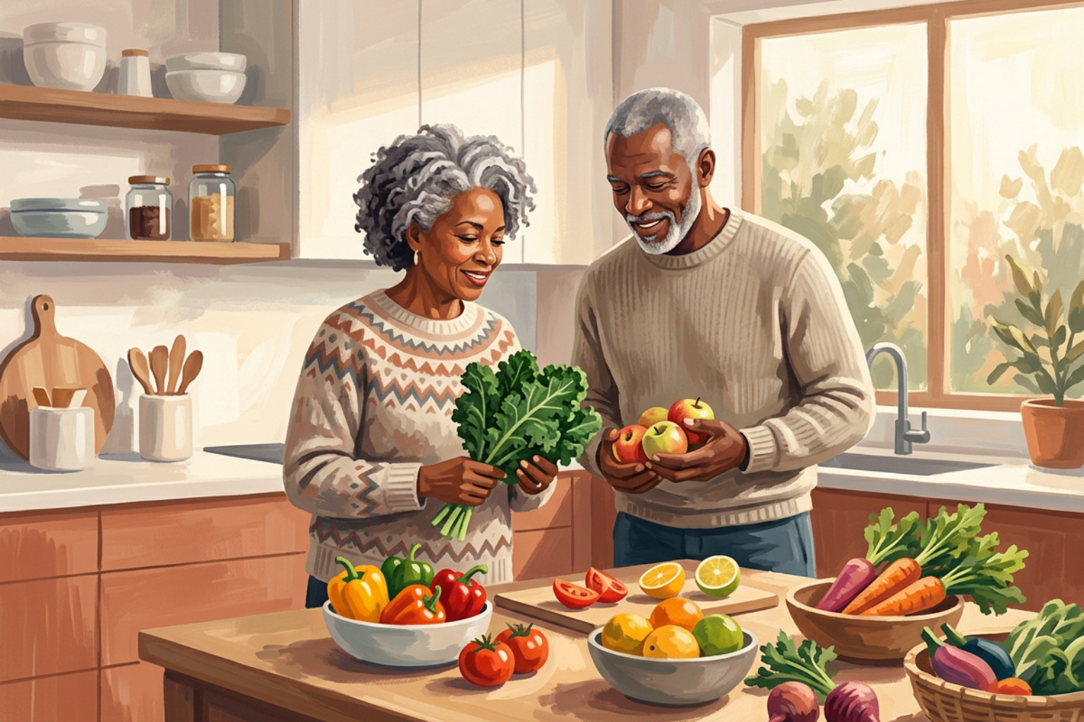 older adult couple looking vibrant and examining healthy foods in a modern kitchen