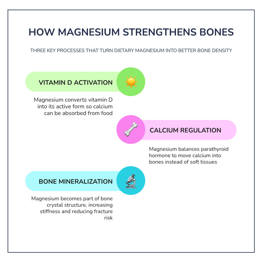 Infographic showing how magnesium supports bone density through vitamin D activation, calcium regulation, and bone structure