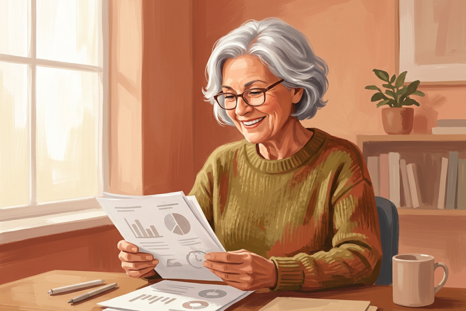 older woman looking at medical results with a smile