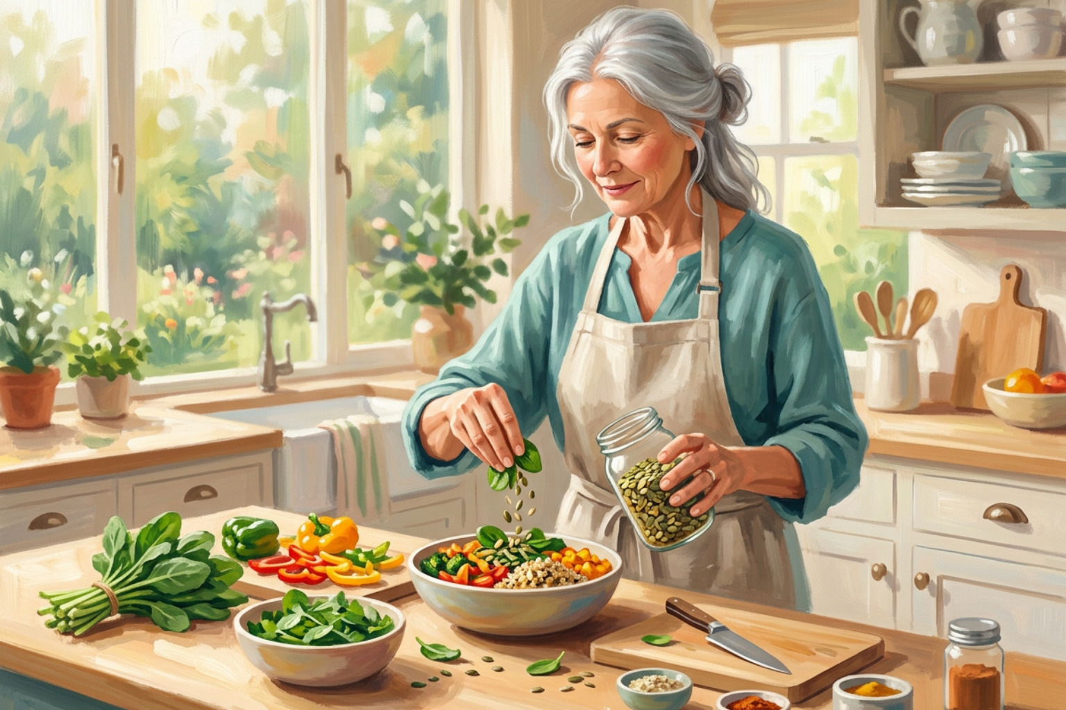 An older woman preparing a healthy meal with fresh spinach and seeds in a sunlit kitchen