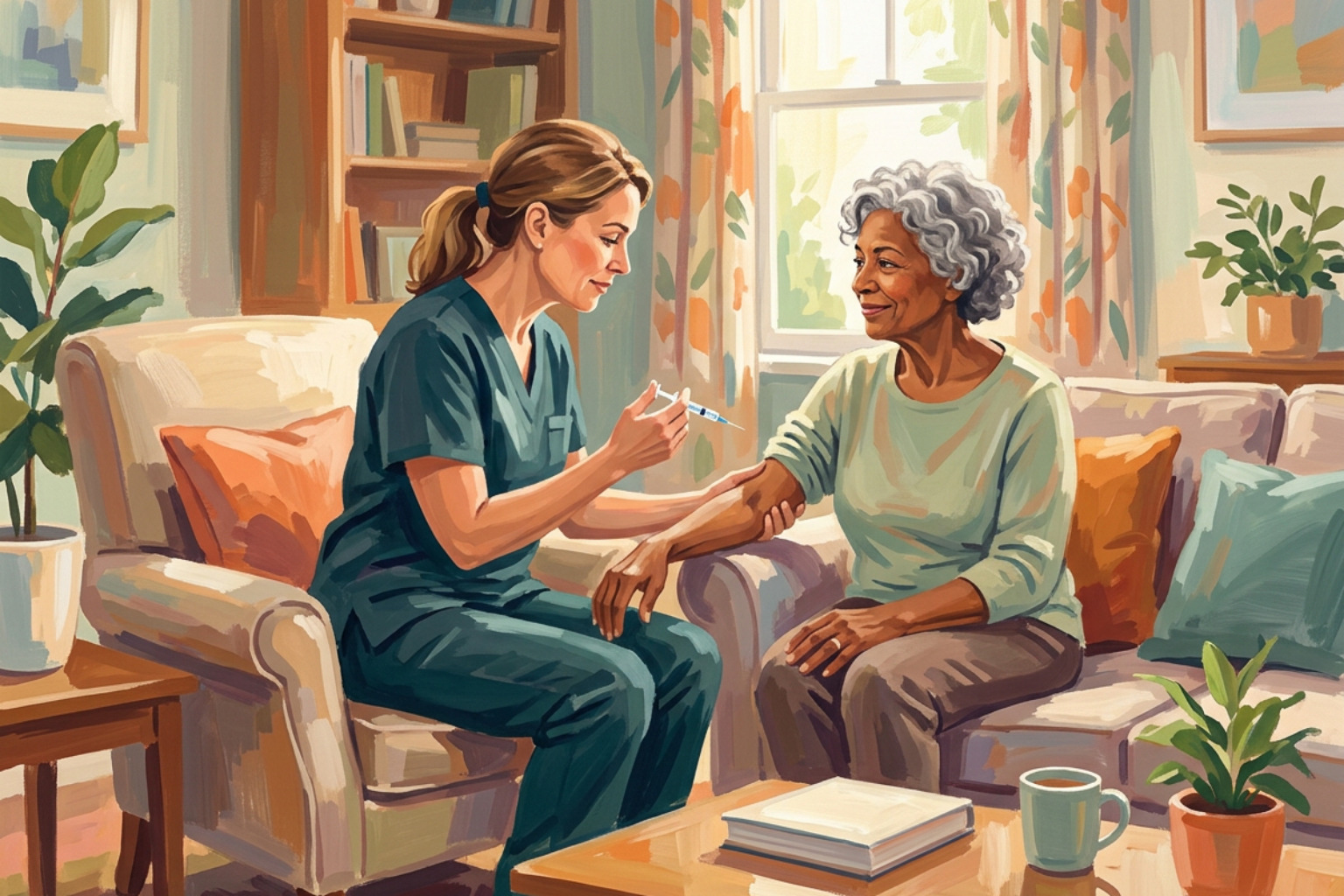 A home health nurse in a warm living room gently administering an osteoporosis injection to a confident older woman