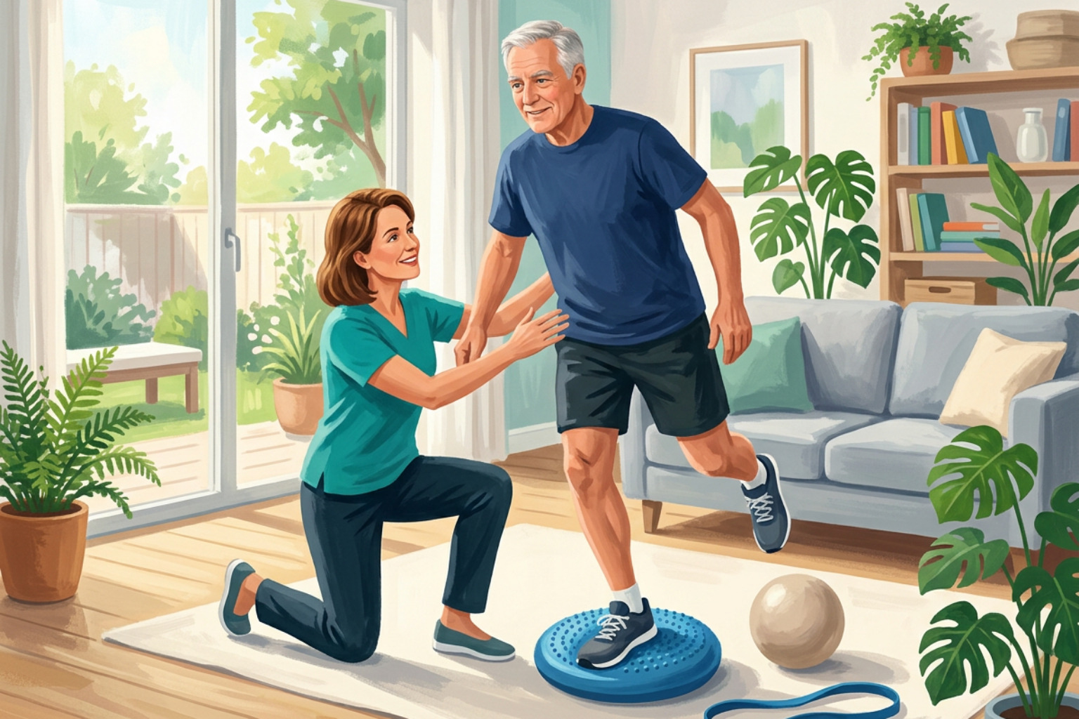 An active older man practicing balance and leg strengthening exercises with a physical therapist in a bright home setting