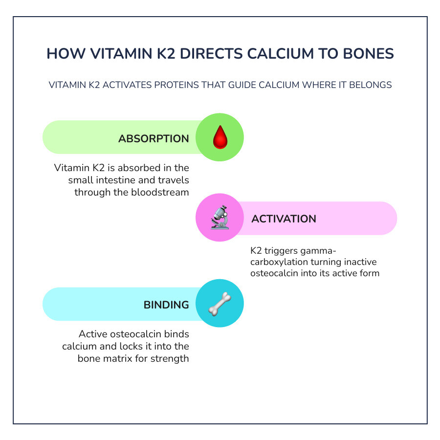 Infographic showing how vitamin K2 activates osteocalcin to direct calcium into bones and away from arteries infographic
