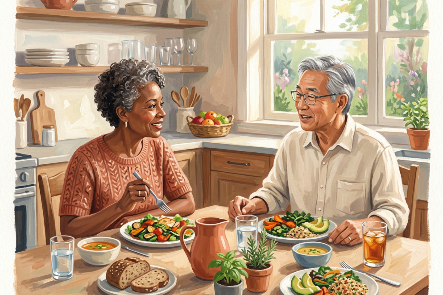 An older couple enjoying a healthy meal rich in natural vitamins