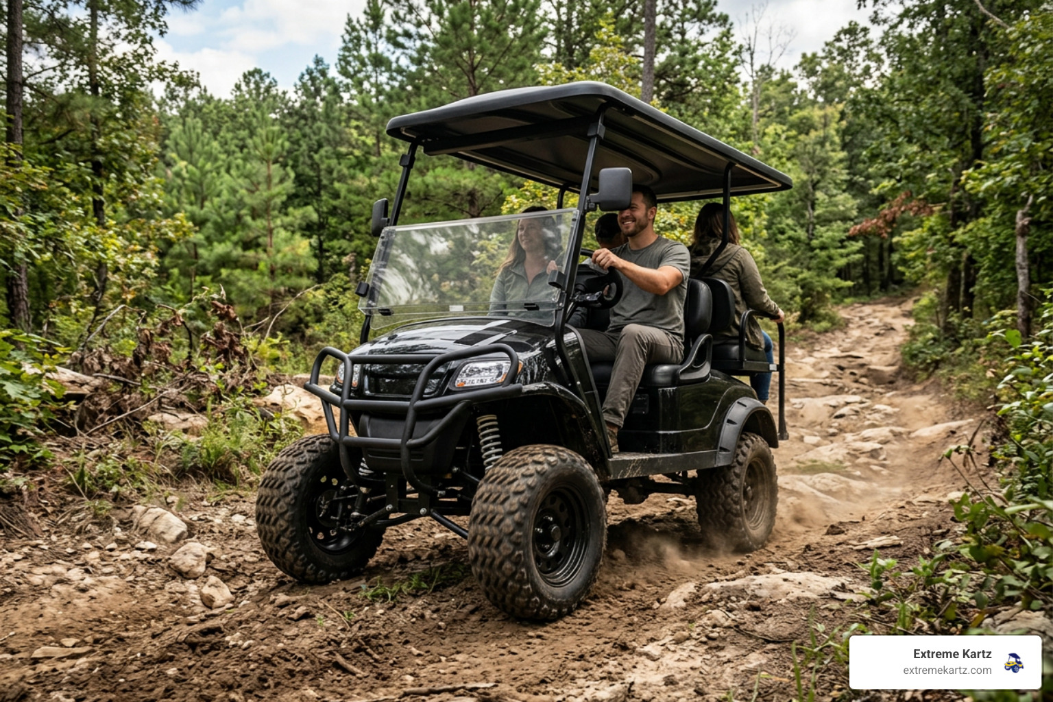 Lifted EZGO golf cart offroading on a dirt trail with all-terrain tires