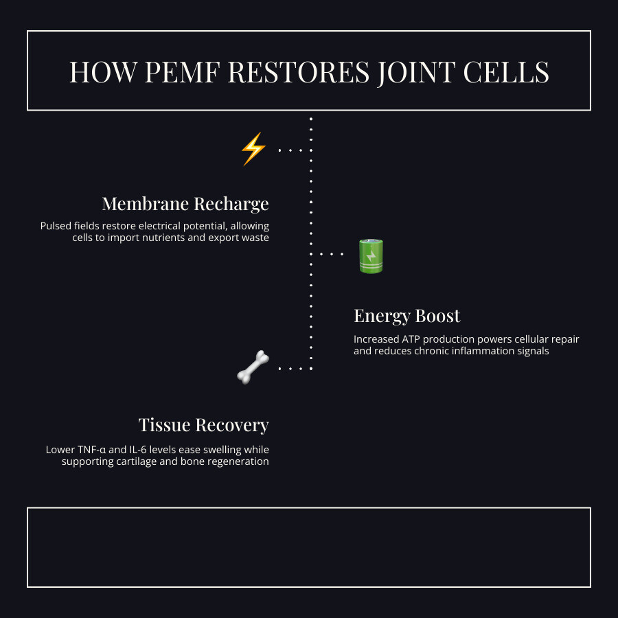 How PEMF therapy works on inflamed joint tissue in rheumatoid arthritis — key mechanisms and benefits infographic How PEMF therapy works on inflamed joint tissue in rheumatoid arthritis — key mechanisms and benefits infographic