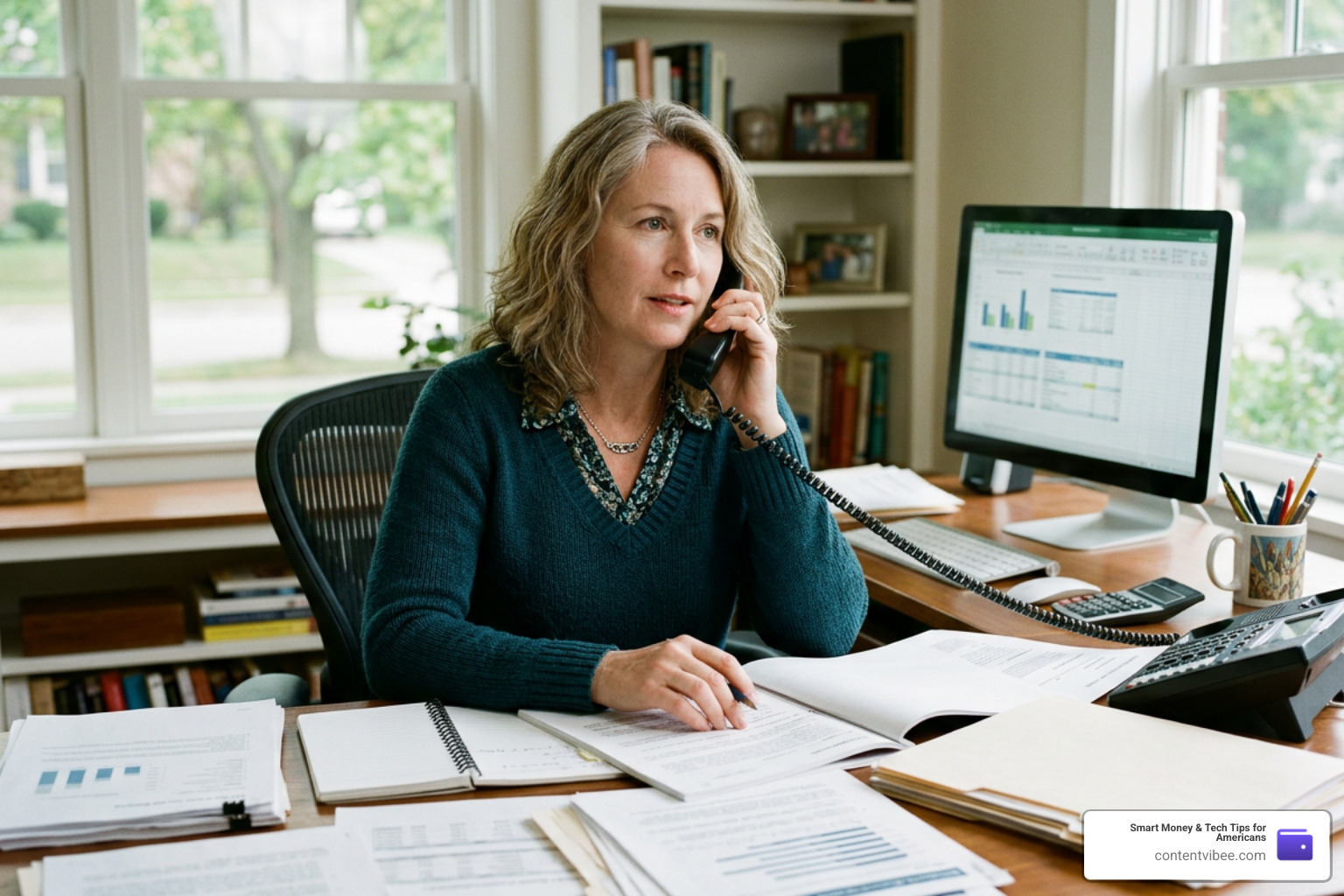 person talking on the phone with documents open