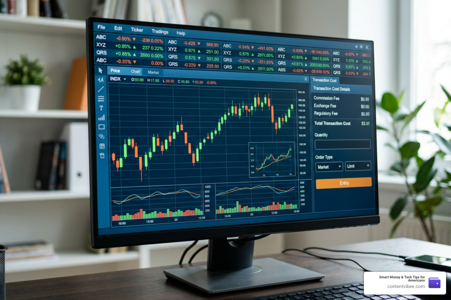 A digital trading screen showing transaction costs and stock tickers