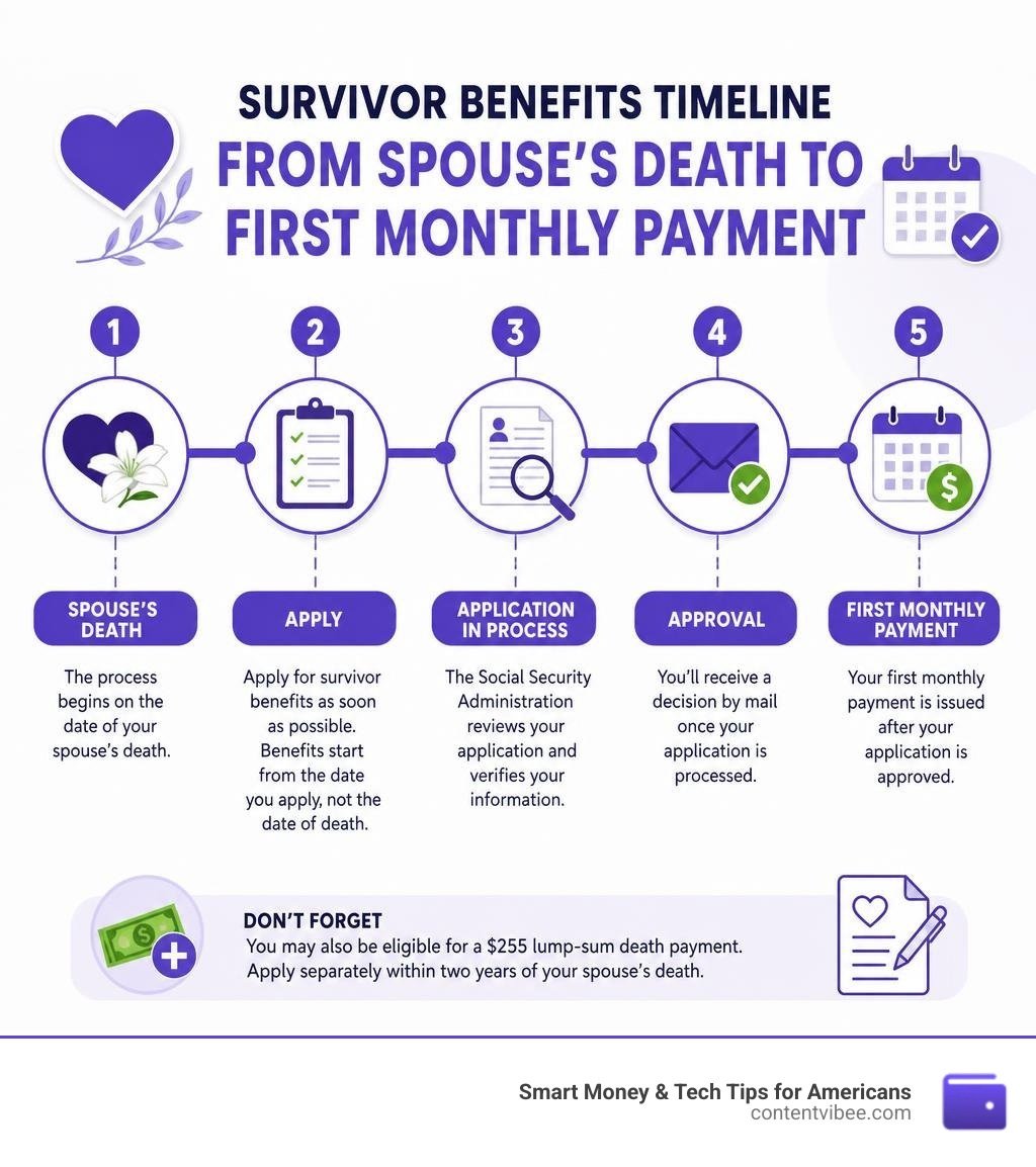 Survivor benefits timeline from spouse's death to first monthly payment infographic