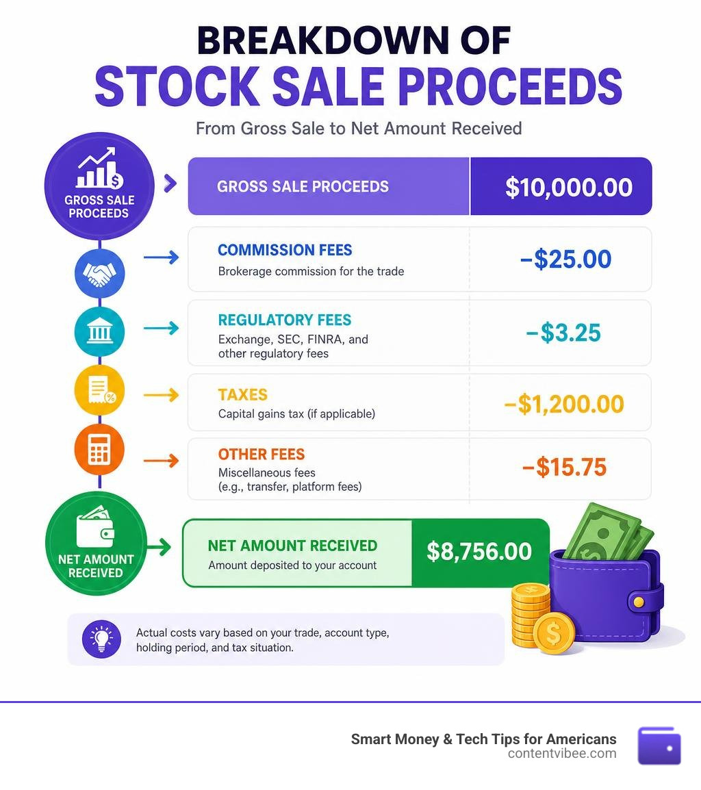 Breakdown of stock sale proceeds showing commissions, regulatory fees, taxes, and net amount received infographic