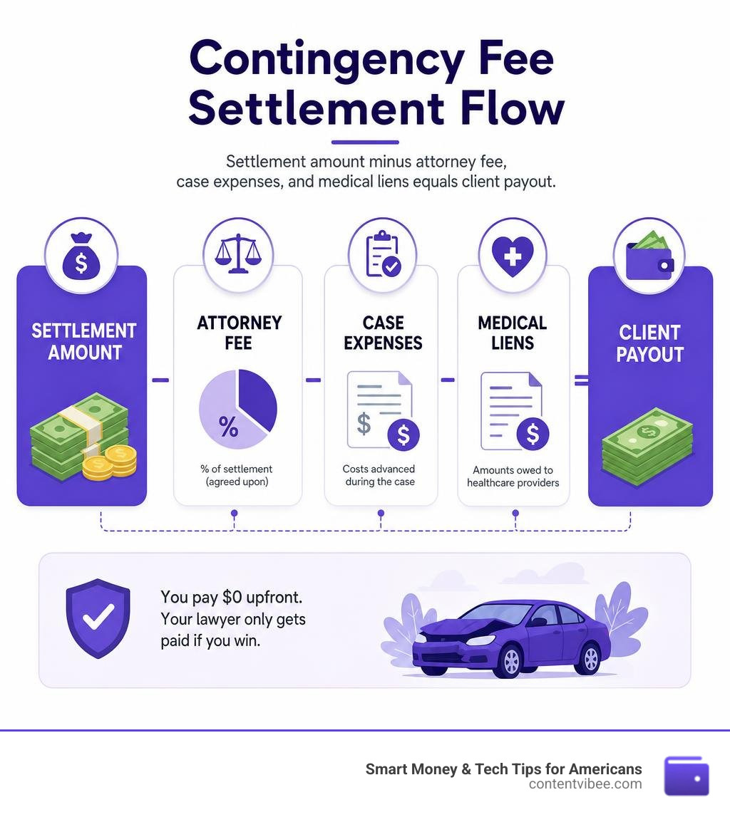 Contingency fee settlement flow: settlement amount minus attorney fee, case expenses, and medical liens equals client payout