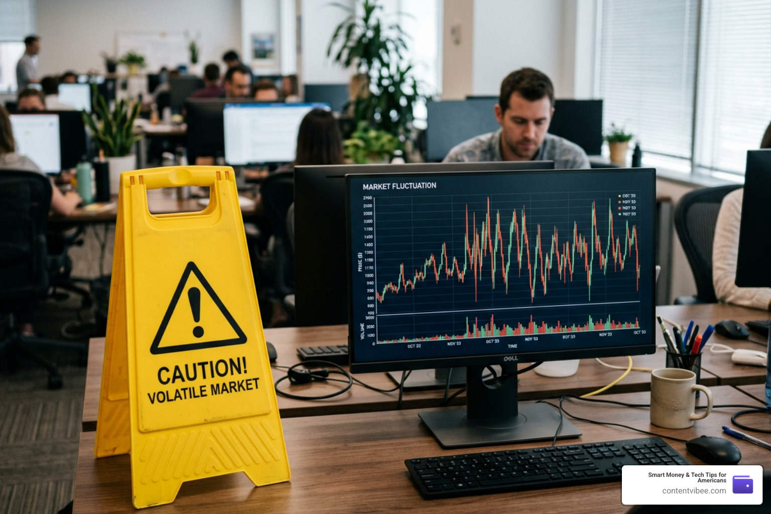 warning sign next to a stock market chart showing volatility warning sign next to a stock market chart showing volatility