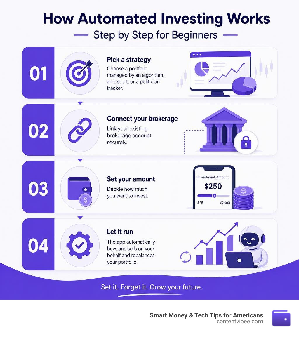 How automated investing works step by step for beginners infographic How automated investing works step by step for beginners infographic