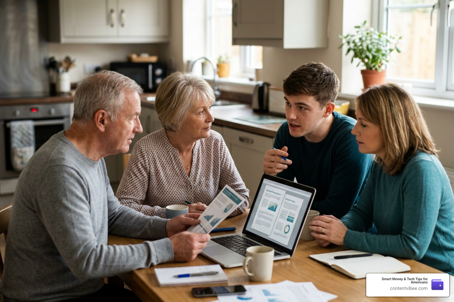A family discussing retirement options around a table with a laptop