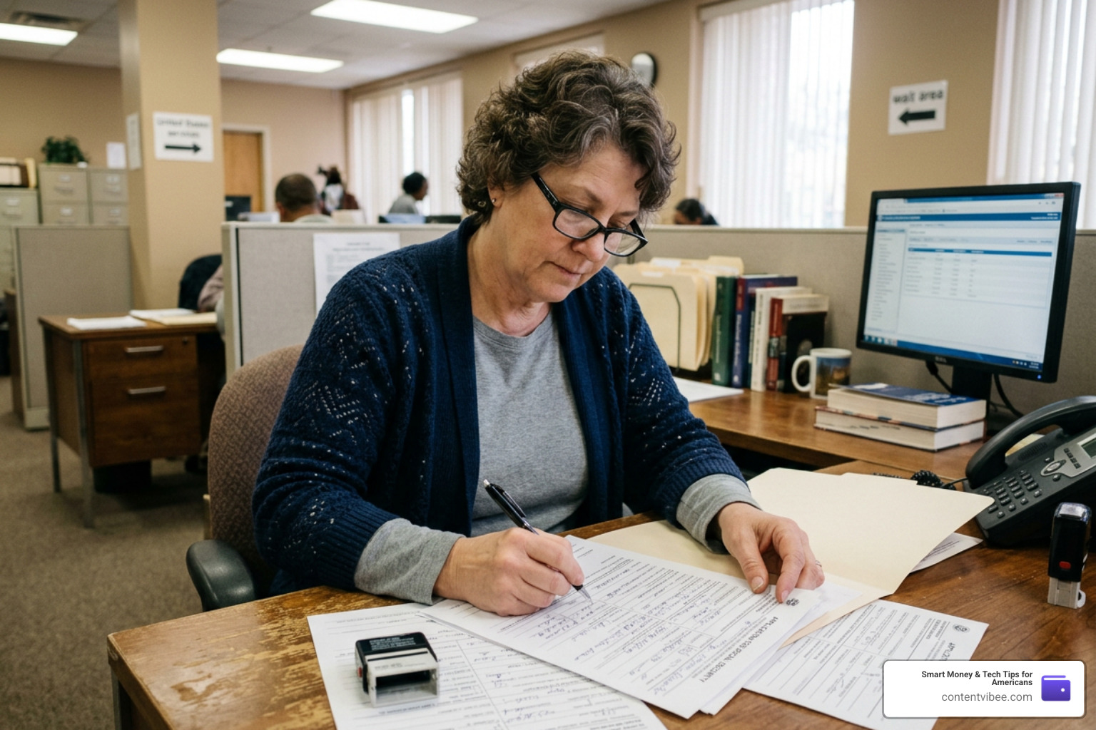 A person sitting at a desk filling out Social Security paperwork